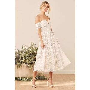 Lulus Absolutely Stunning White Lace Off-the-Shoulder Midi Dress Size M
